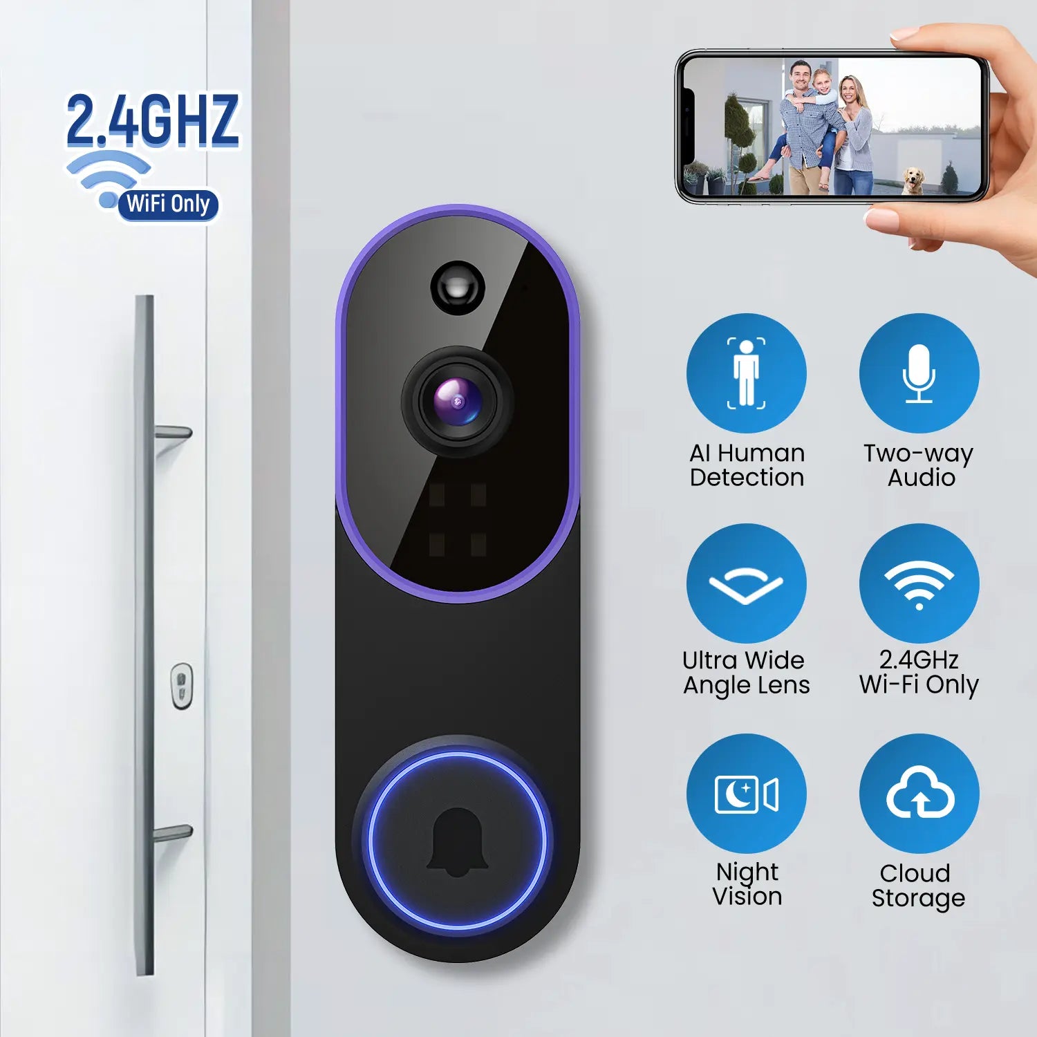 1080P Wireless Video Doorbell Camera, AI Human Detection, Live View, Cloud Storage, Night Vision, Two Way Audio, Instant Alert, 2.4G Wifi Only, Indoor/Outdoor Surveillance Cam for Home Security System(Live View and Cloud Storage Require a Subscription)